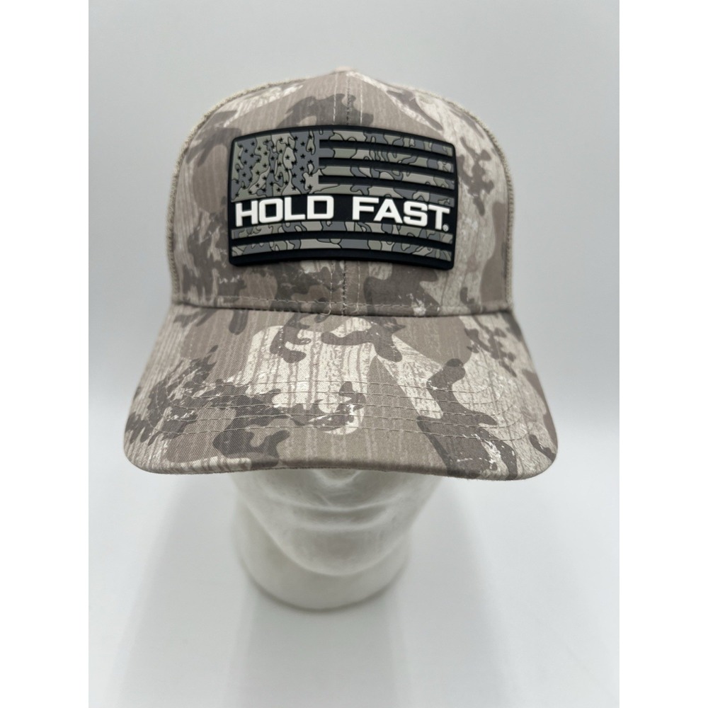 Hold Fast Camo Mesh Back Snapback Trucker Hat Gray Tan American Flag Patch‎